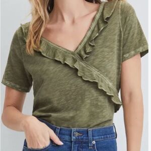 Veronica Beard Dubois Olive Green Ruffled Pima Cotton V-Neck Top Size S